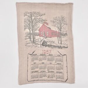 Vintage Kitchen Tea Towel‎ 1967 Calendar Red Schoolhouse Winter Kitsch Retro 60s